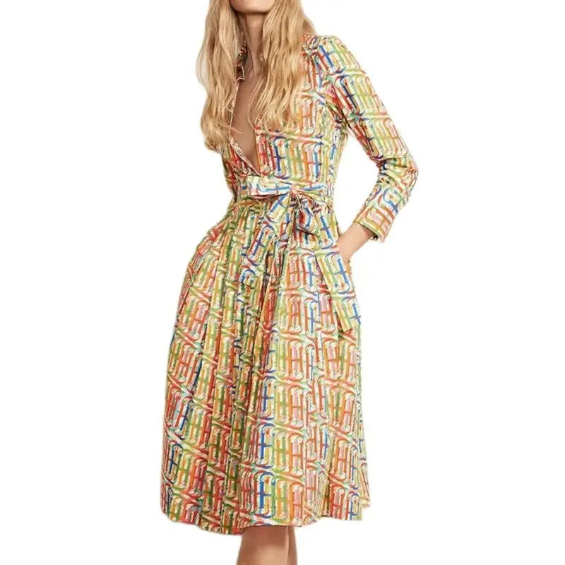 Long Sleeved Vintage Geometric Knee-Length Dress