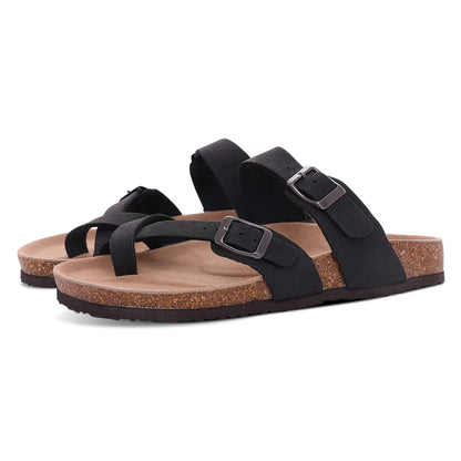 Suede Sandals Soft Cork Footbed Summer Slides with Adjustable Buckle