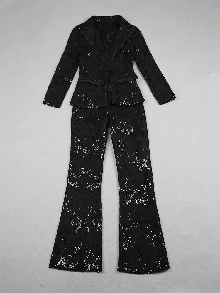Guipure Lace Single Button Blazer with Flare Pants Suit
