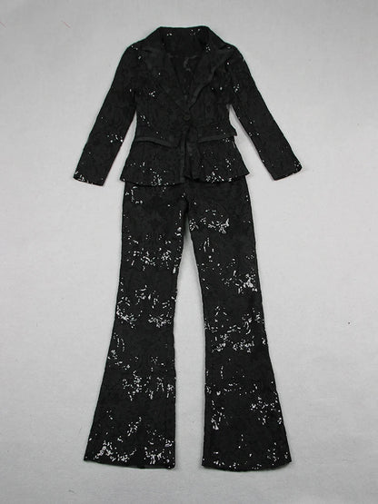 Guipure Lace Single Button Blazer with Flare Pants Suit