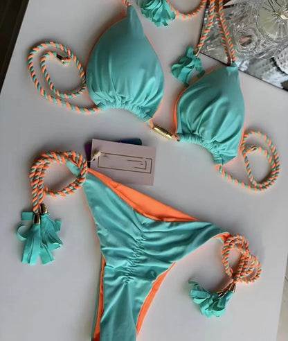 Backless Rope Triangle Swimsuit Bikini Multicolour