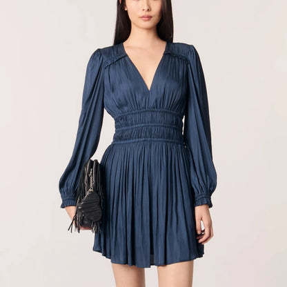 Simulated Silk V-Neck Vacation Dark Blue Dress