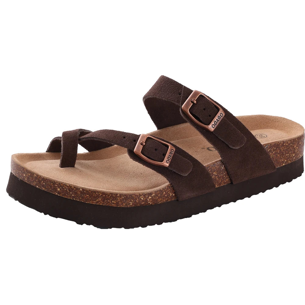 Suede Sandals Soft Cork Footbed Summer Slides with Adjustable Buckle