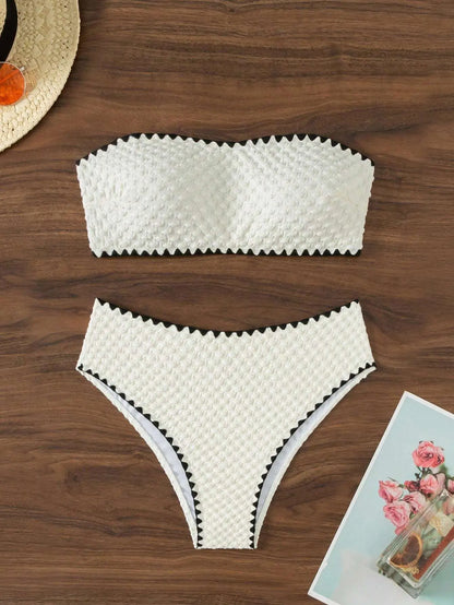 White 2 Piece Strapless Swimsuit Lace-up Patchwork Bikini