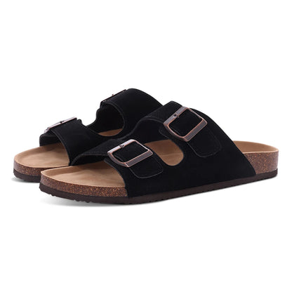 Suede Sandals Soft Cork Footbed Summer Slides with Adjustable Buckle