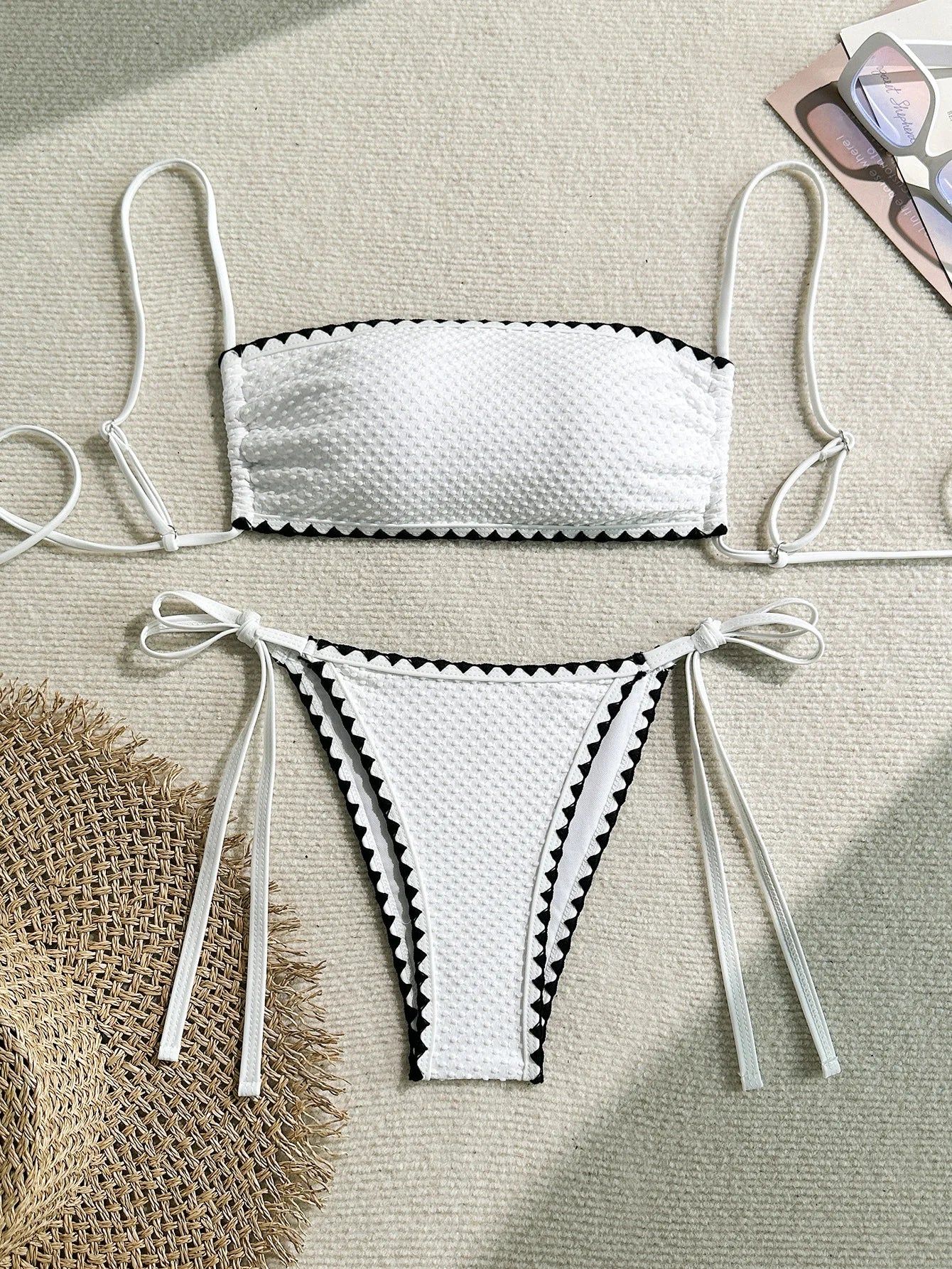 White 2 Piece Strapless Swimsuit Lace-up Patchwork Bikini