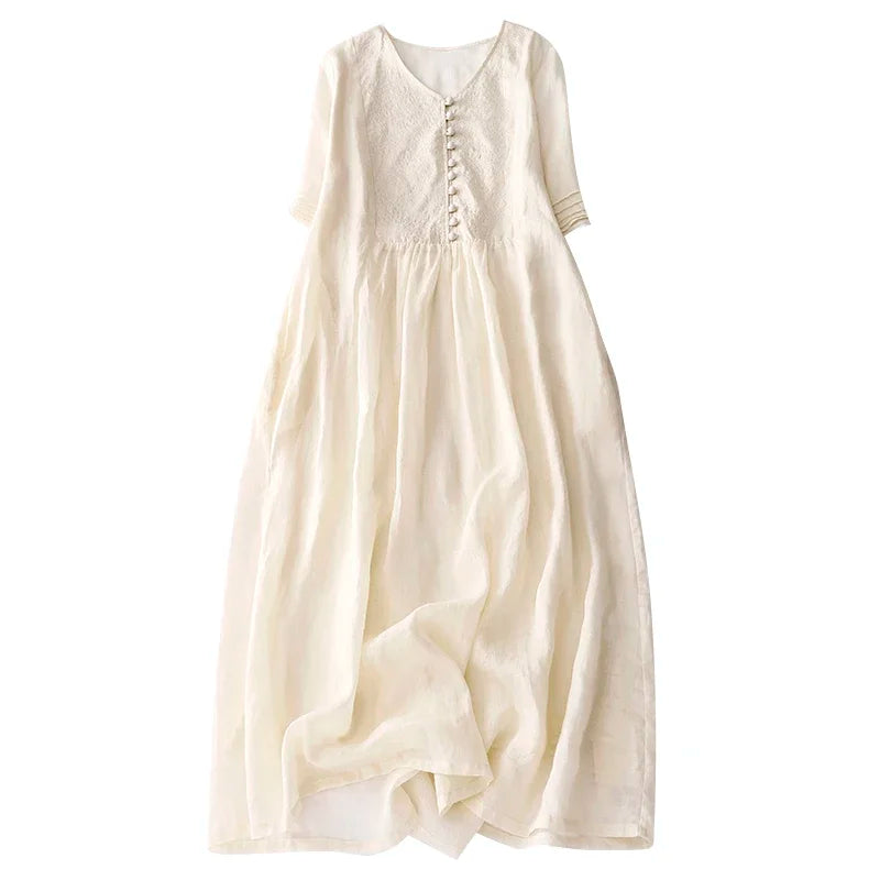 V Neck Embroidery Cotton Linen Dress