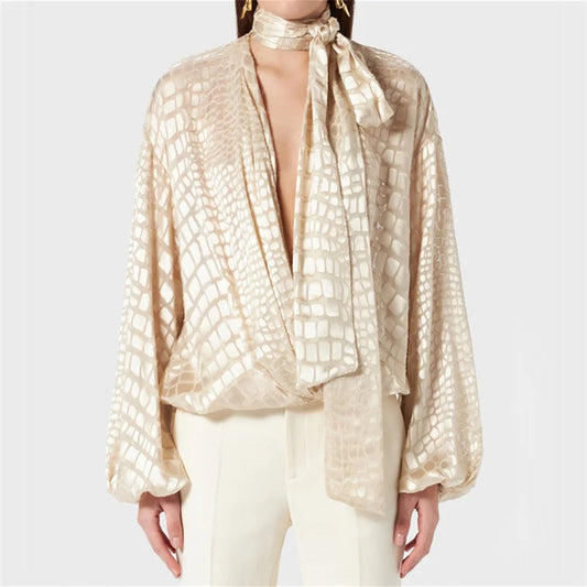 Crocodile Pattern Scarf Collar Top
