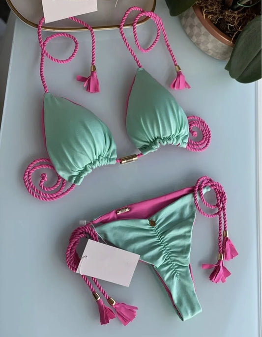Backless Rope Triangle Swimsuit Bikini Multicolour