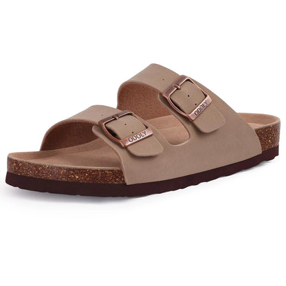 Suede Sandals Soft Cork Footbed Summer Slides with Adjustable Buckle