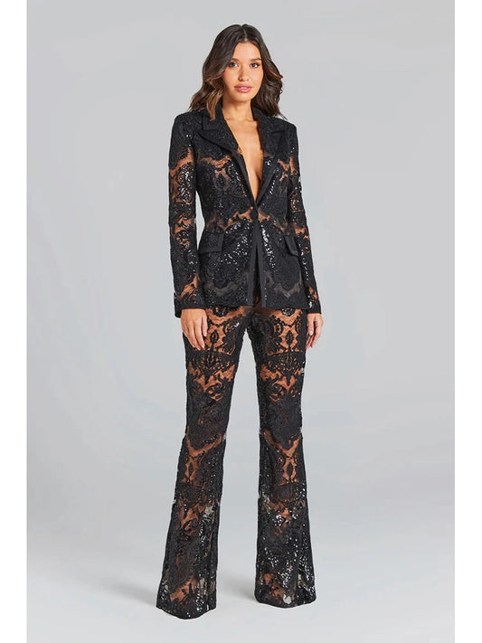 Guipure Lace Single Button Blazer with Flare Pants Suit