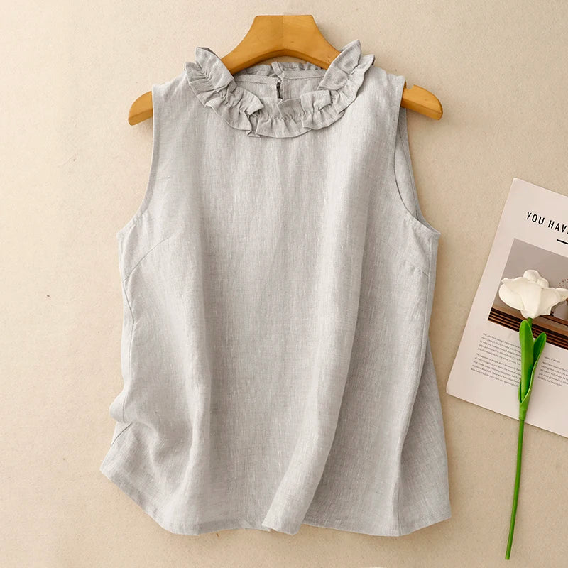 Linen Round Neck Sleeveless Top