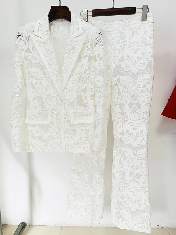 Guipure Lace Single Button Blazer with Flare Pants Suit