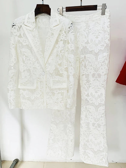 Guipure Lace Single Button Blazer with Flare Pants Suit