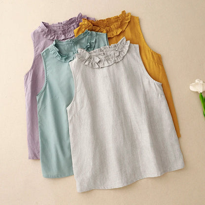 Linen Round Neck Sleeveless Top