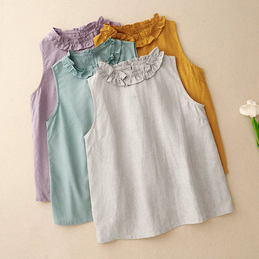 Linen Round Neck Sleeveless Top