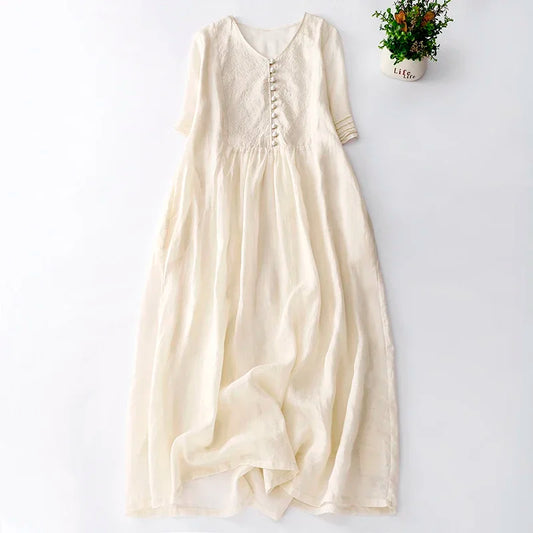 V Neck Embroidery Cotton Linen Dress