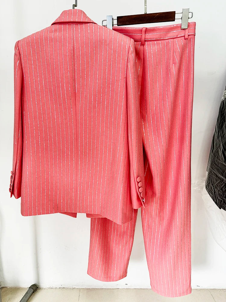 Button Striped Diamonds Blazer Pants Suit