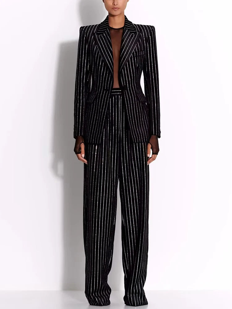 Button Striped Diamonds Blazer Pants Suit