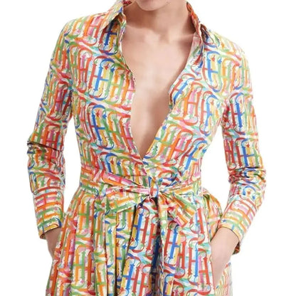 Long Sleeved Vintage Geometric Knee-Length Dress